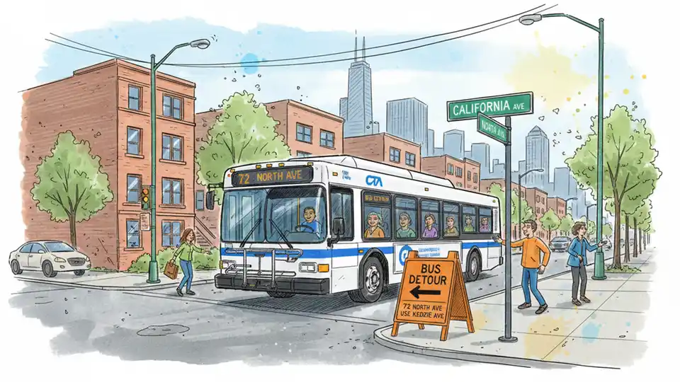 Chicago Transit Authority bus at detour signage near North Avenue and California Avenue intersection