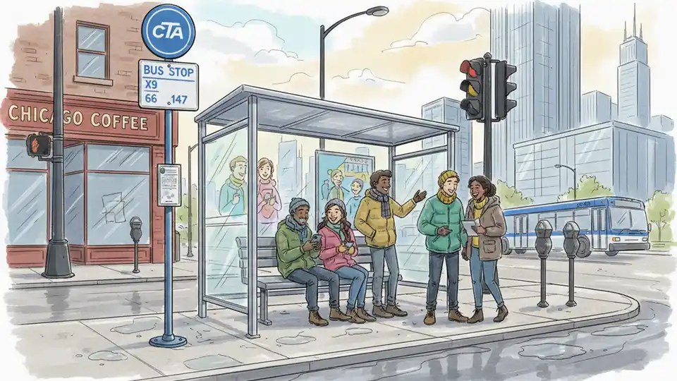 CTA bus stop sign and shelter on Chicago street corner with passengers waiting