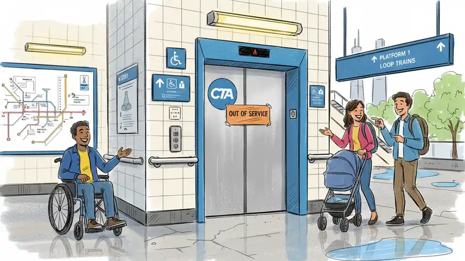 CTA elevator at Chicago rail station with out-of-service notice, showing accessibility equipment and station signage
