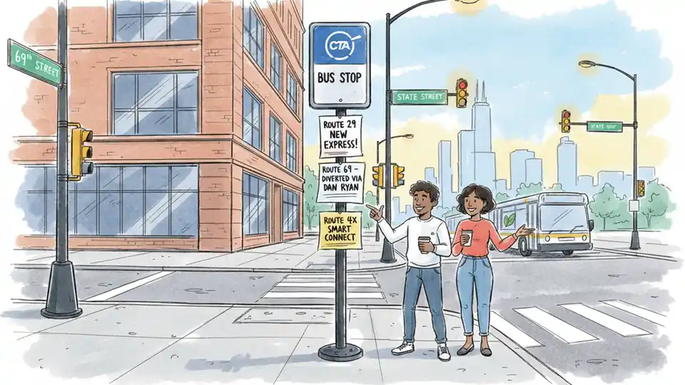 Street corner bus stop sign showing temporary route numbers near 69th Street and State Street intersection