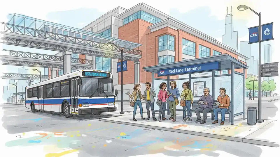 Chicago CTA bus at 95th Street Red Line station terminal with passengers waiting at bus stop