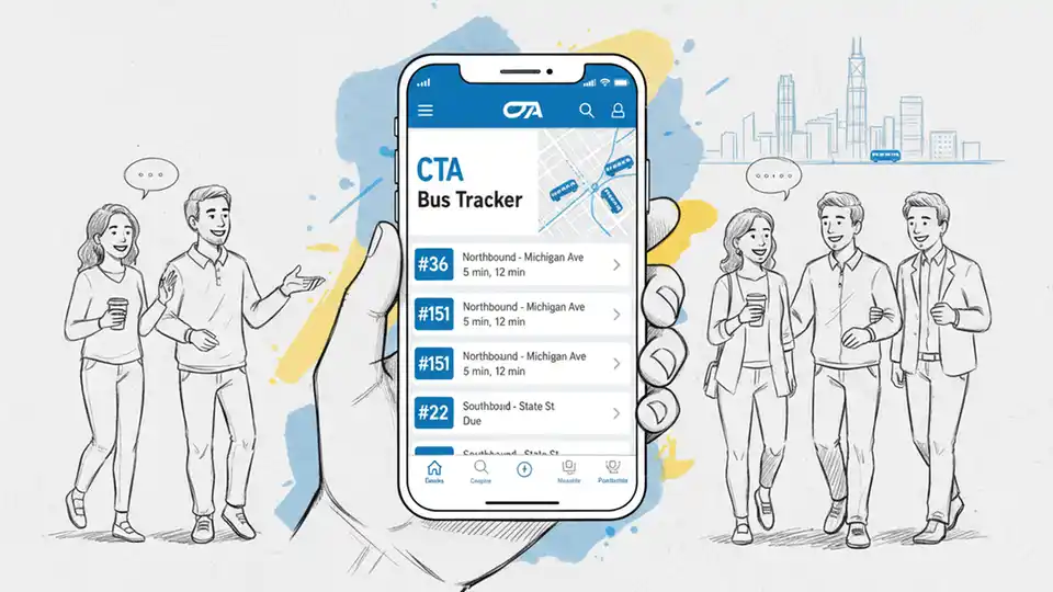 CTA Bus Tracker mobile app interface showing real-time arrival predictions, smartphone screen displaying Chicago transit tracking application