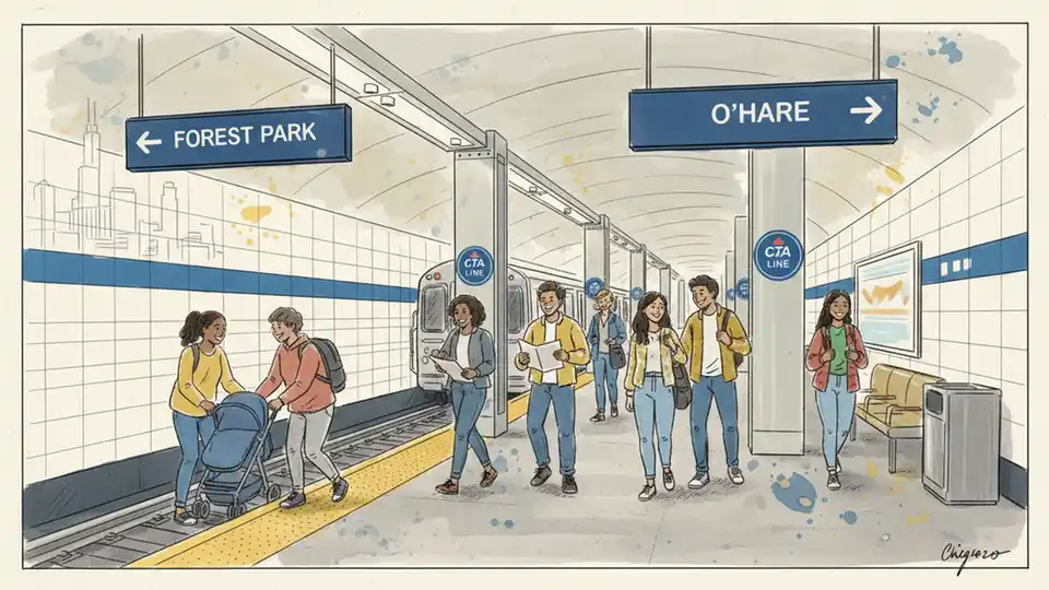 CTA Blue Line subway platform with directional signage showing Forest Park and O'Hare destinations