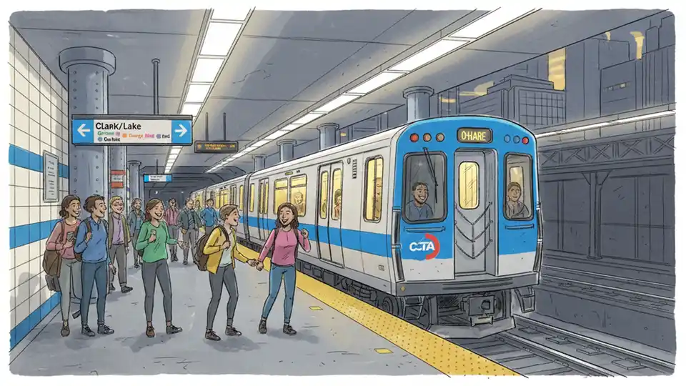 CTA Blue Line train at downtown Chicago station platform during evening hours