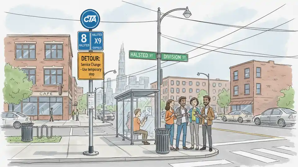 Chicago street intersection with CTA bus stop sign showing route information and detour notice