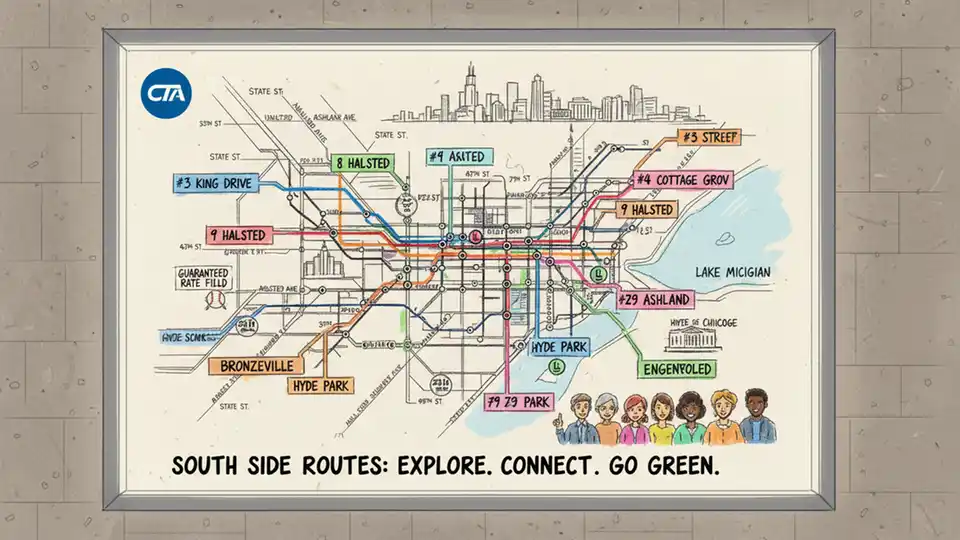 CTA bus route map display showing South Side Chicago transit lines with street grid and route numbers
