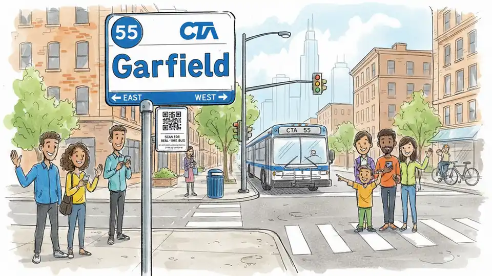 Chicago Transit Authority bus stop sign showing route 55 Garfield on urban street corner