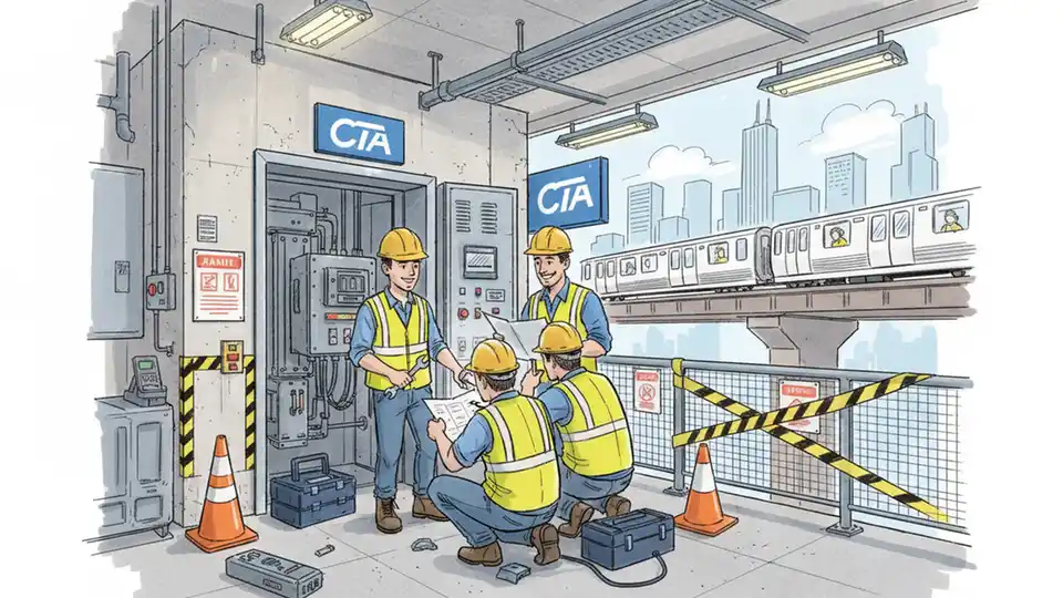 CTA maintenance crew working on elevator equipment at Chicago transit station