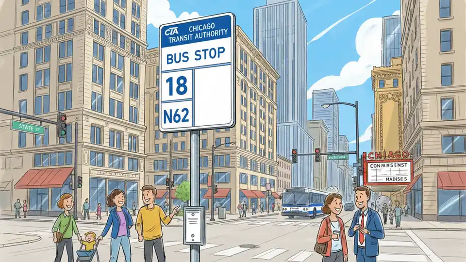 Chicago Transit Authority bus stop sign showing route numbers 12, 18, and N62 with downtown Chicago street intersection in background