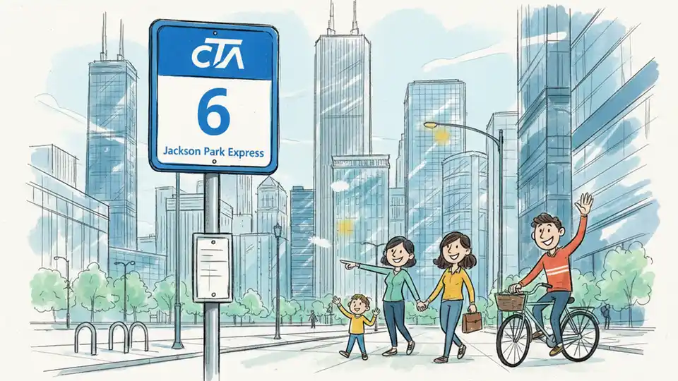Chicago Transit Authority bus stop sign showing route 6 Jackson Park Express with downtown Chicago buildings in background