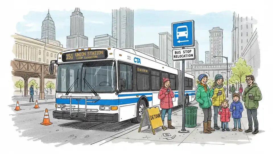 CTA bus at temporary terminus with passengers waiting at bus stop