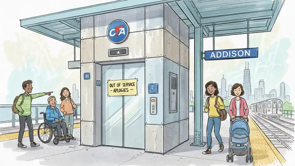 CTA elevator at rail station platform with accessibility signage and out-of-service notice