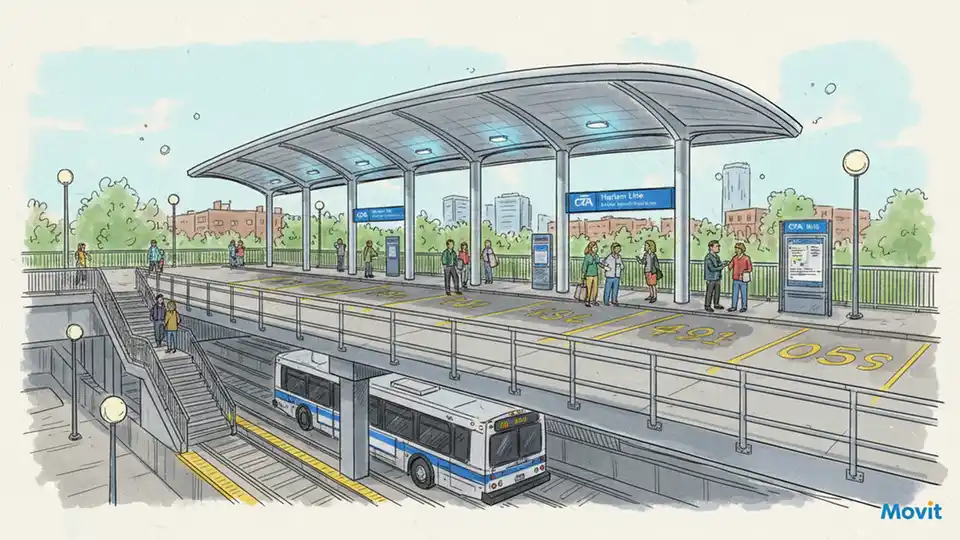 CTA bus boarding area at Harlem Blue Line station showing multiple bus bays on station bus bridge
