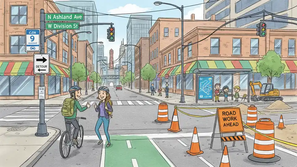 Chicago street intersection showing Ashland Avenue with CTA bus route signage and construction zone markers