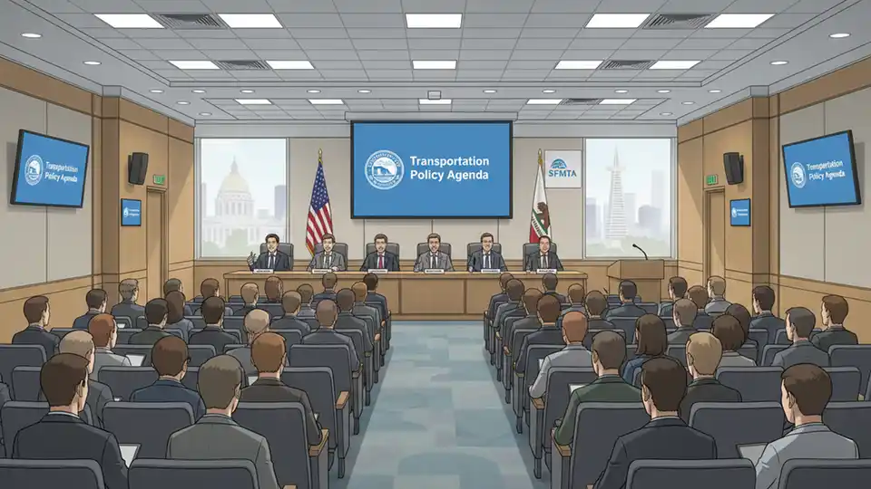 SFMTA Board of Directors meeting room with public seating area and presentation screen showing transportation policy agenda