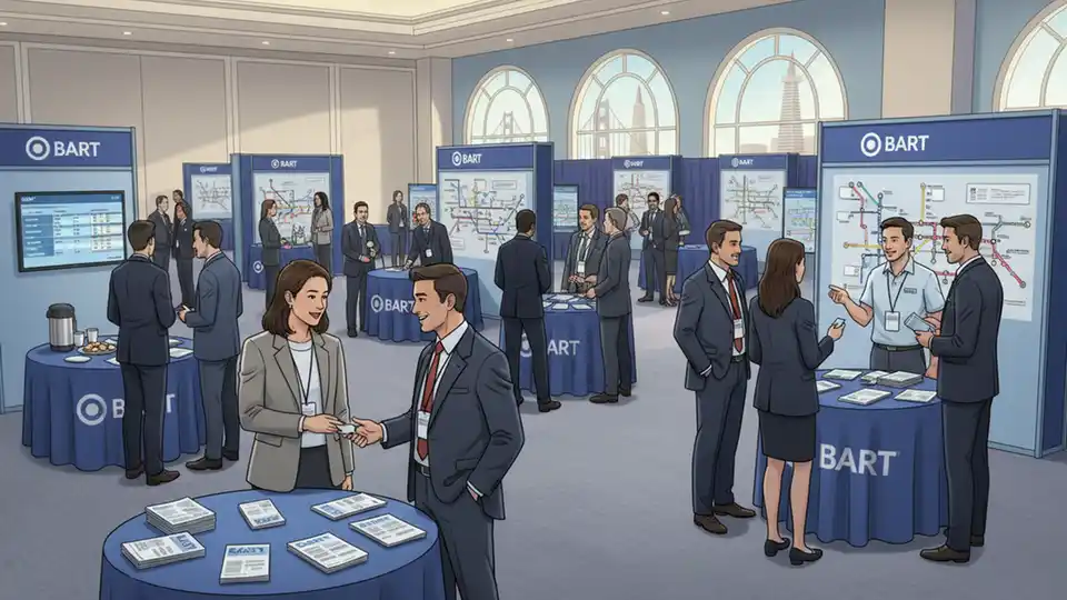 Small business owners networking with transit agency representatives at a professional conference setting with informational displays and BART materials