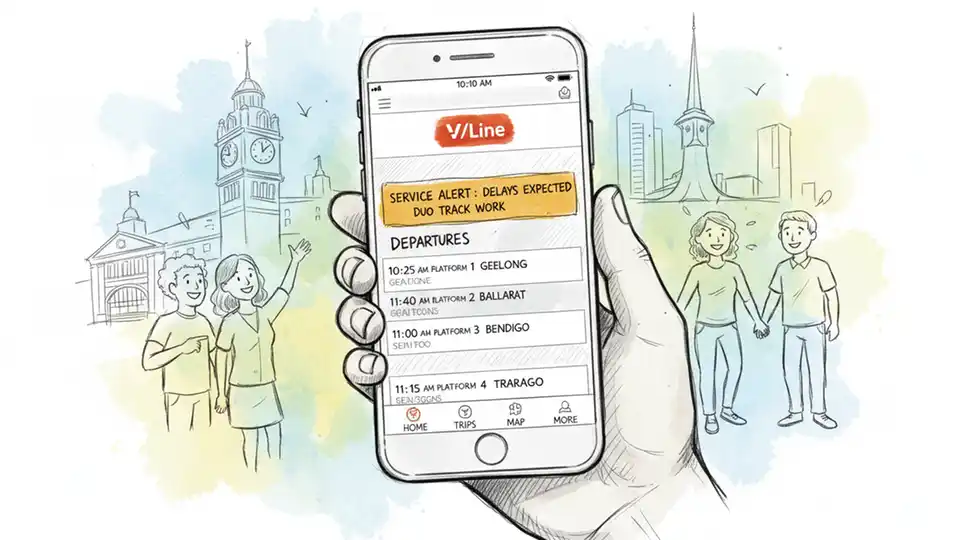Smartphone screen displaying V/Line mobile app interface with departure times and service alerts