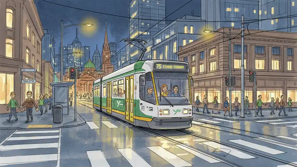 Yarra Trams Route 75 tram traveling through Melbourne CBD intersection at night