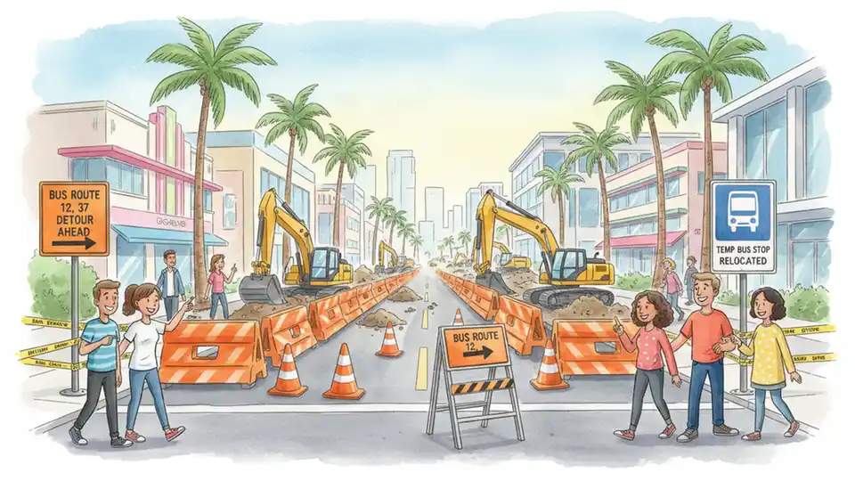 Construction equipment and road barriers on urban street with detour signs for bus route