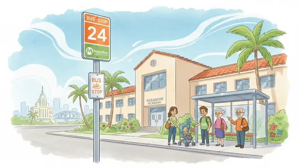 Bus stop sign showing route number with school building in background