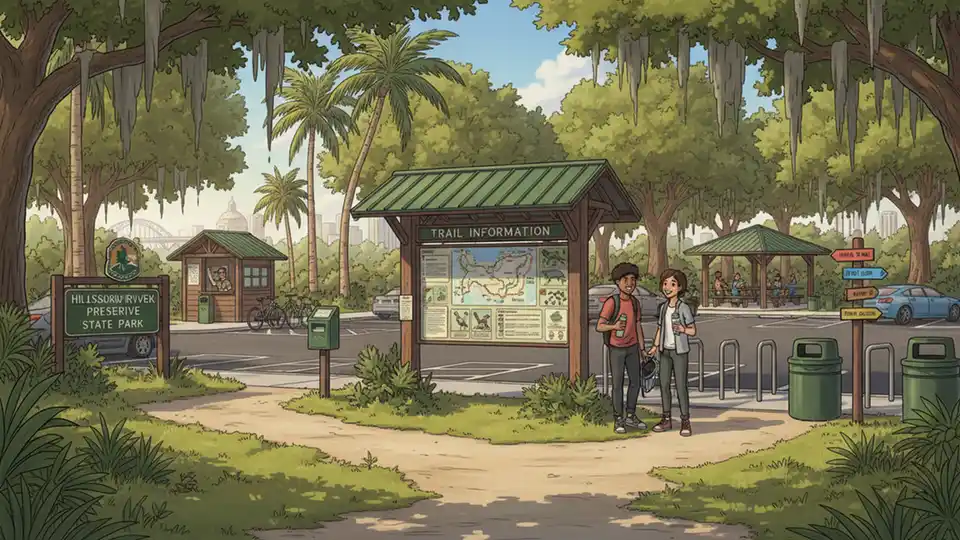 Florida state park entrance with parking area and trail information kiosk showing hiking and mountain biking trail maps near Tampa