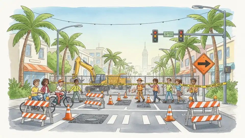 Construction zone on urban street with detour signs and transit infrastructure