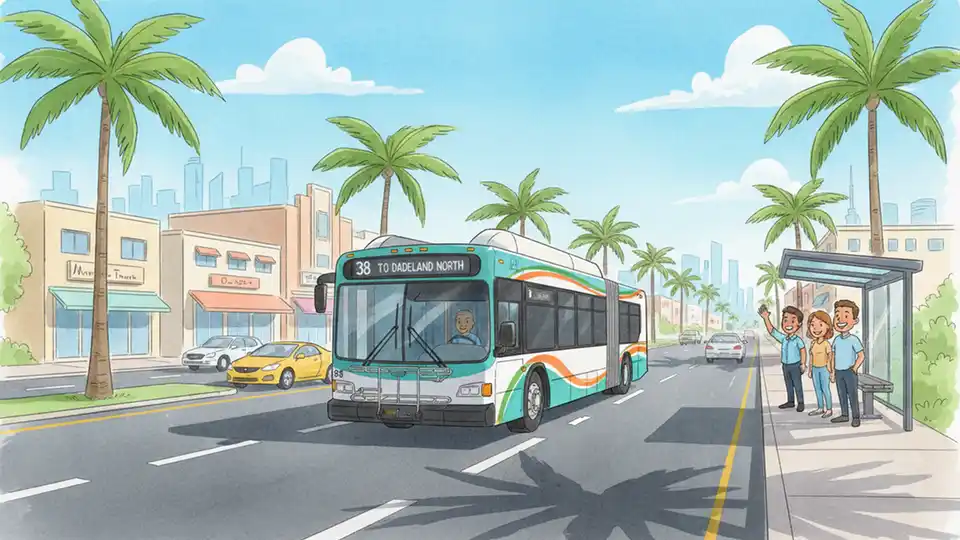 Transit bus approaching stop on multi-lane suburban road with commercial buildings