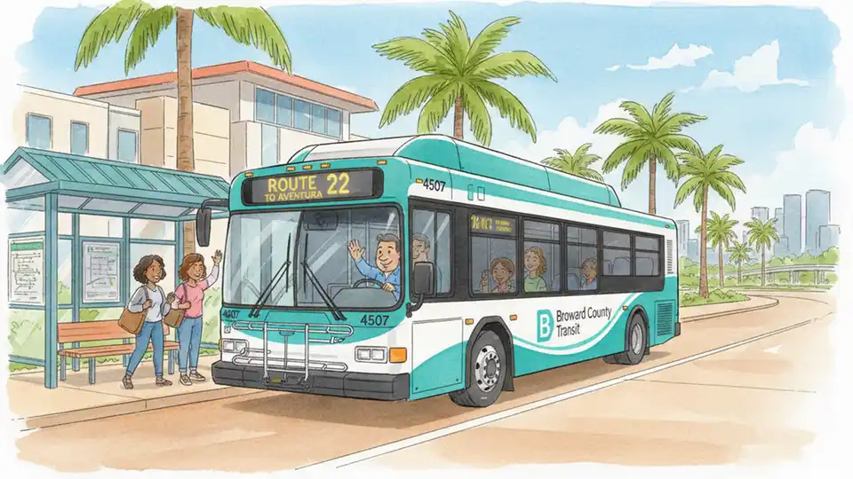 Broward County Transit bus at a stop with passengers boarding, showing the exterior branding and route number display