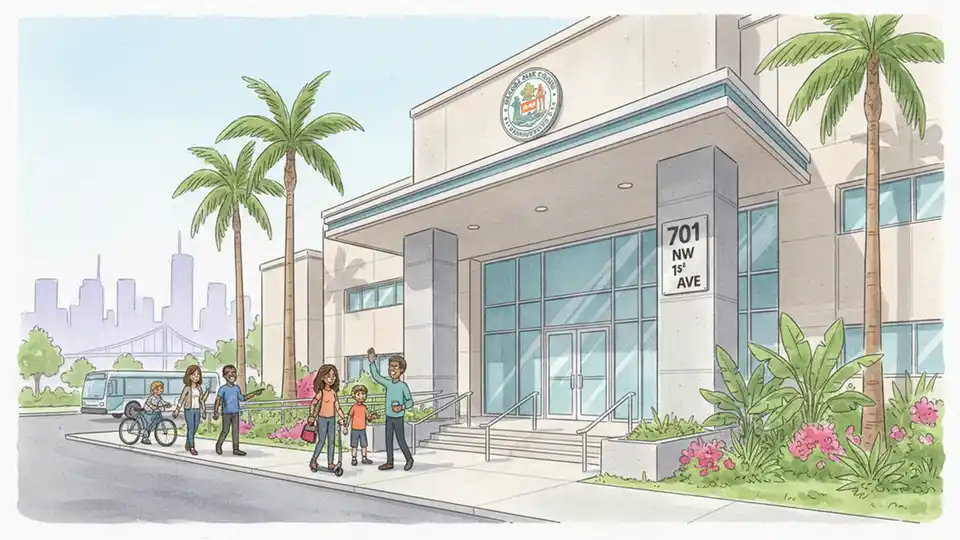 Miami-Dade County transportation office building entrance with address signage visible, showing professional government facility exterior
