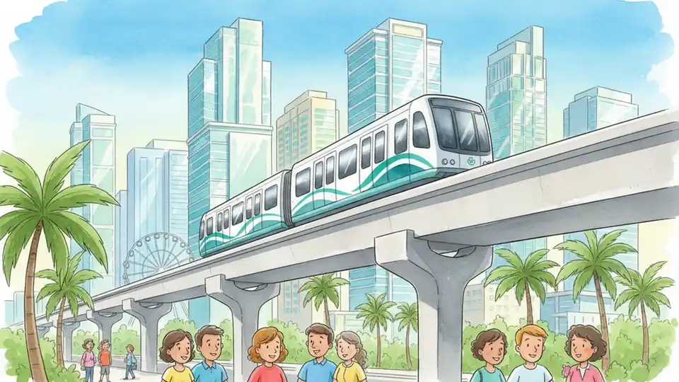 Miami Metromover train on elevated track in downtown Miami with city skyline in background