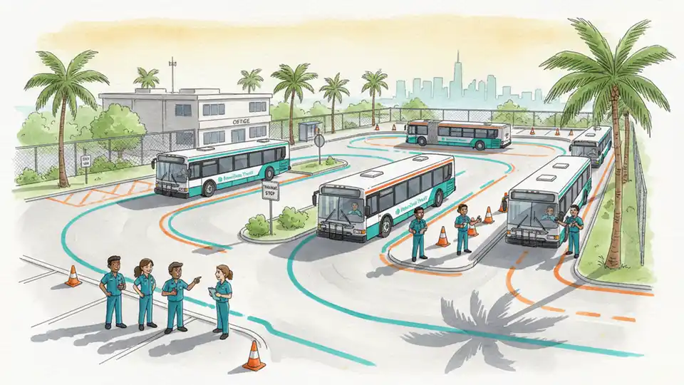 Bus operator training facility with commercial transit vehicles and safety equipment