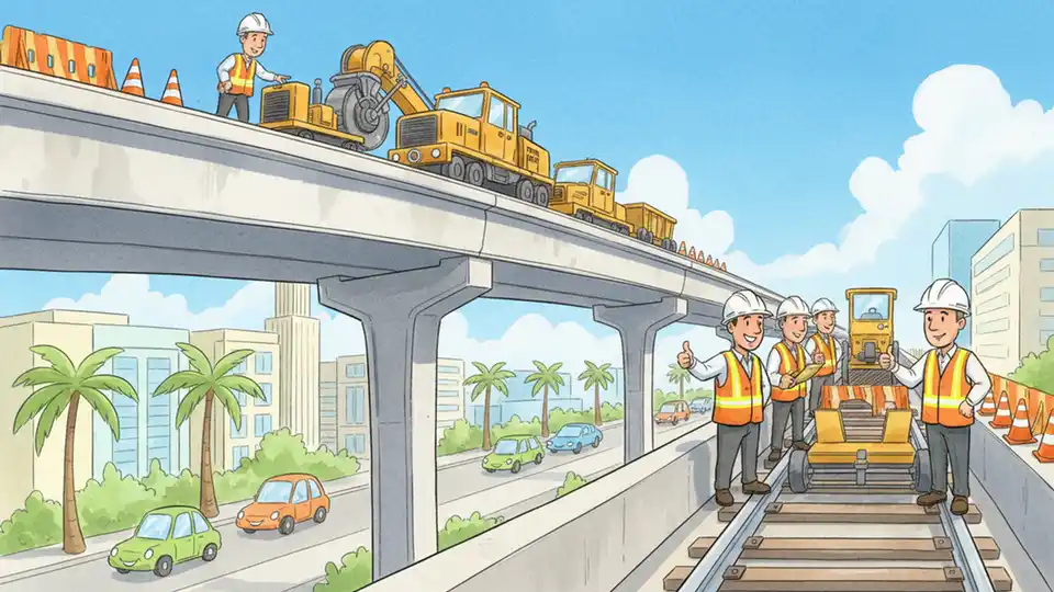 Metrorail track maintenance equipment and workers on elevated guideway section