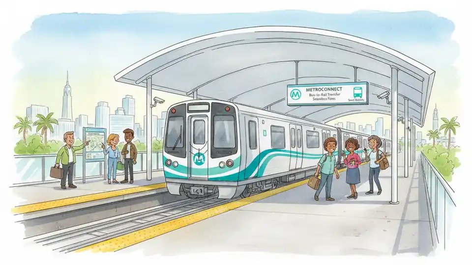 Miami-Dade Transit Metrorail station platform with train arriving, showing connection point for discounted MetroConnect fares