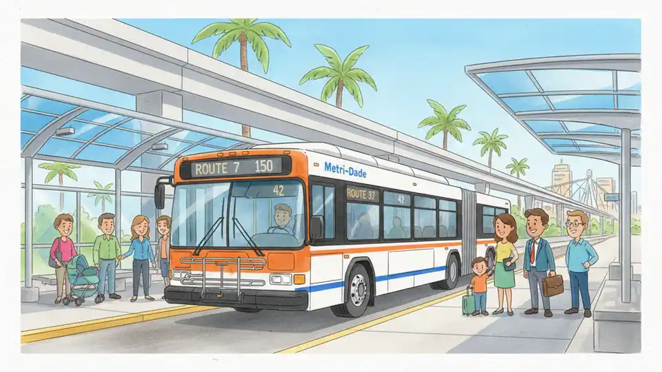 Miami-Dade Metrobus at Miami International Airport transit station with multiple route signs visible