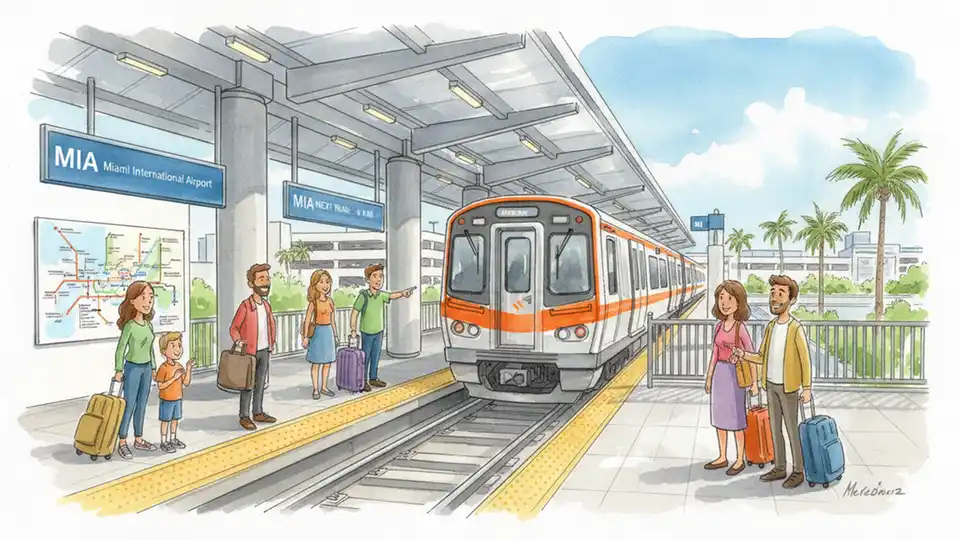 Miami-Dade Metrorail Orange Line train arriving at Miami International Airport station platform with passengers waiting