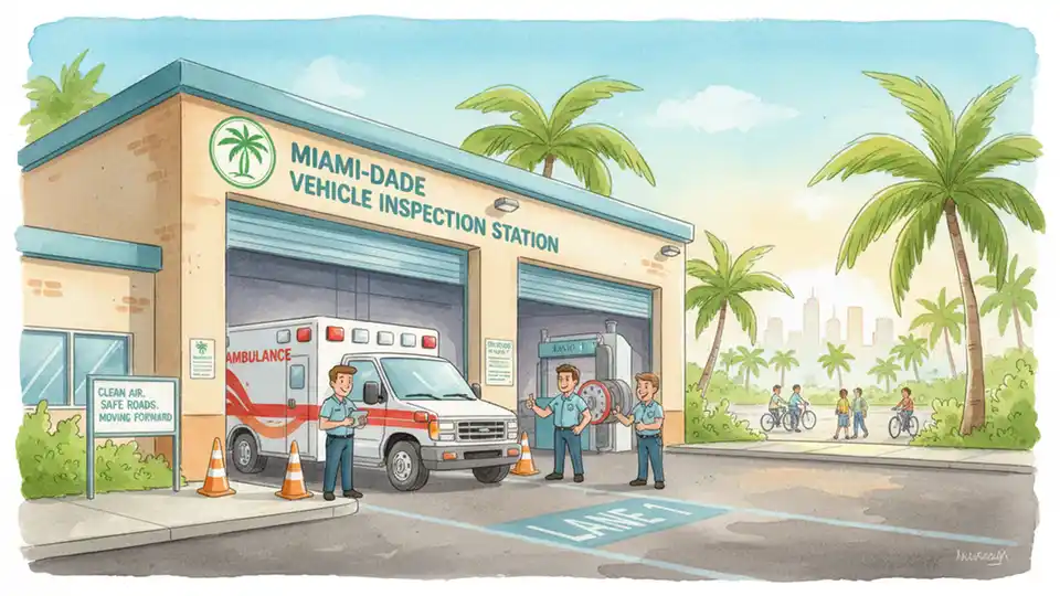 Miami-Dade County Vehicle Inspection Station with ambulance undergoing annual safety inspection
