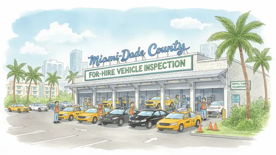Miami-Dade County for-hire vehicle inspection facility with vehicles undergoing safety checks