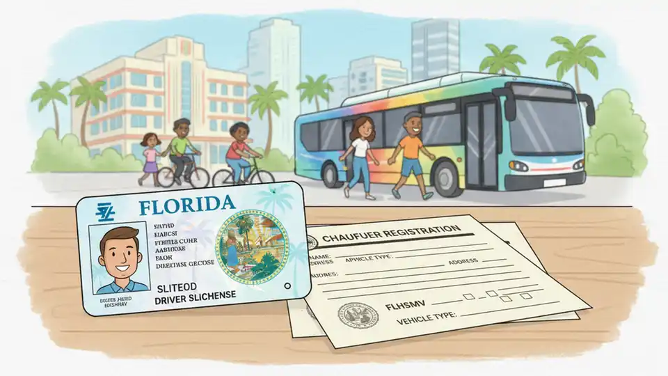 Florida driver's license and chauffeur registration documents on desk with application forms