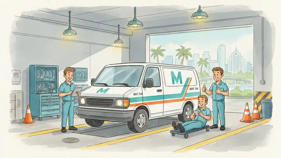 Vehicle inspection station with Miami-Dade transit van undergoing safety check