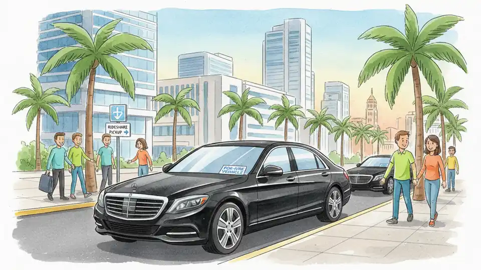 Black luxury sedan with for-hire decal displayed on windshield at downtown Miami transit hub