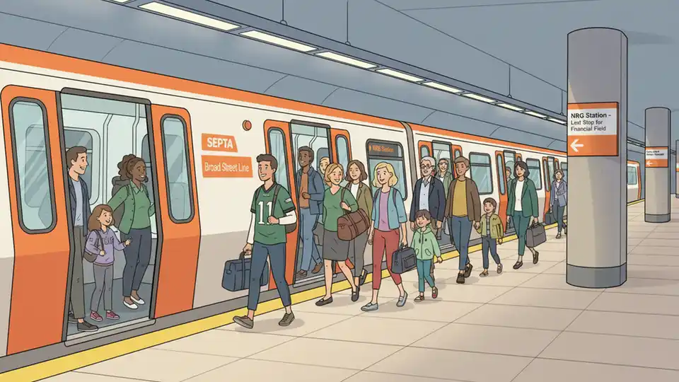 SEPTA Orange Broad Street Line subway train at platform with passengers boarding, showing the recommended transit option for World Cup attendees traveling to Lincoln Financial Field