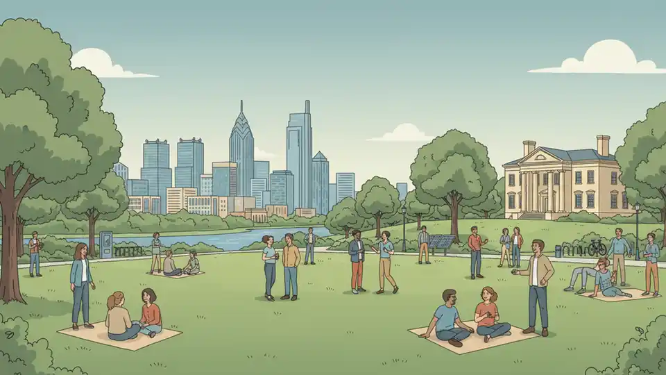 Wide view of East Fairmount Park's Lemon Hill area with open green space, trees, and Philadelphia skyline visible in background, showing the festival location for World Cup 2026