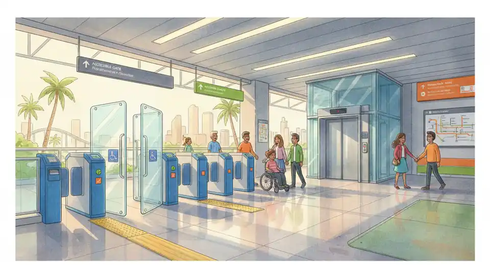 Accessible fare gate and elevator at Miami-Dade Metrorail station