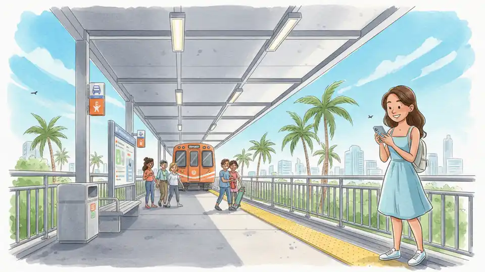 Transit passenger using smartphone at Miami-Dade Metrorail station platform