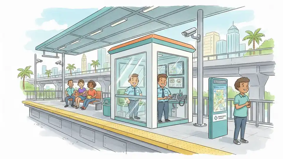 Miami-Dade Transit security personnel monitoring station platform with surveillance equipment visible