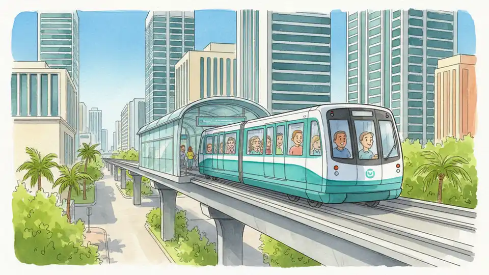 Miami Metromover automated guideway train on elevated track in downtown, demonstrating fixed-guideway transit technology with modern stations and urban integration
