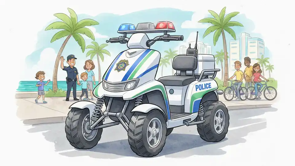 Close-up of four-wheeled electric police scooter showing suspension system, emergency lights, and law enforcement equipment mounted on vehicle