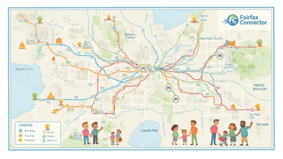 Fairfax Connector route map display showing multiple bus routes and connections in Northern Virginia