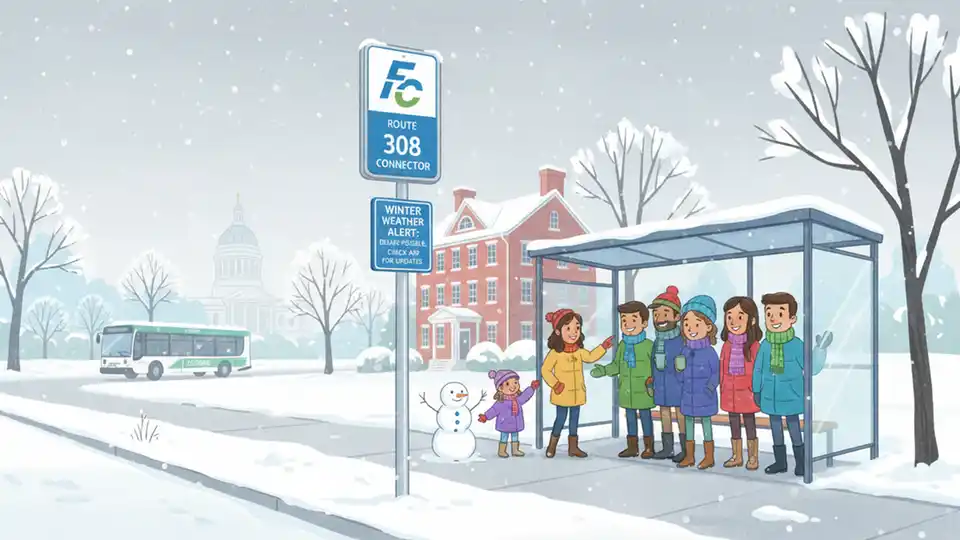 Fairfax Connector bus stop with snow accumulation and winter weather signage