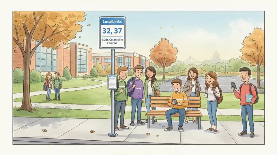 LocalLinks bus stop sign showing routes 32, 37, and 76 with riders waiting at CCBC Catonsville area transit stop